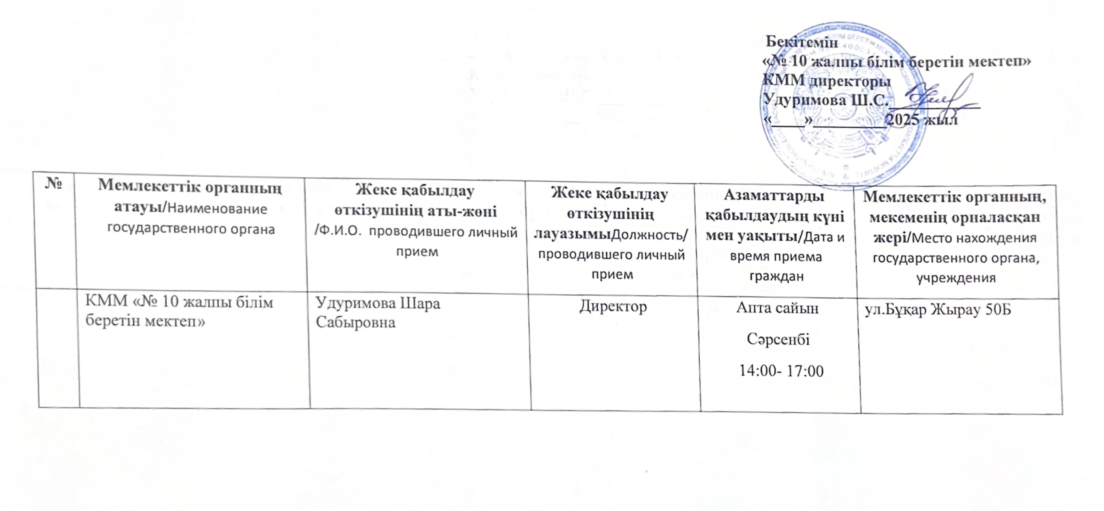 Азаматтарды қабылдау күні мен уақыты/ Дата и время приема граждан